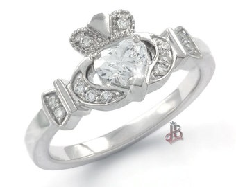 Heart Cut CZ Diamond Claddagh Bridal Ring Set| Vintage Ring Set| Halo Ring Set| Gift Ring| Anniversary Ring Set| Claddagh Bridal Ring Set