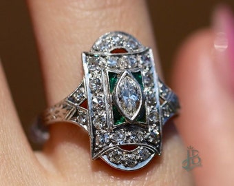 Art Deco Stijl Witte Marquise Cut Diamond & Emerald Target Verlovingsring| Art Deco Sieraden| Ring voorstellen| Cadeau Ring| Verjaardag Gift Ring