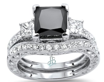 2.45 Carat Black Princess Cut Onyx 3 Stone Diamond Engagement Ring Bridal Set| Trio Ring Set| Engagement Ring Set| Gift Ring| New Ring