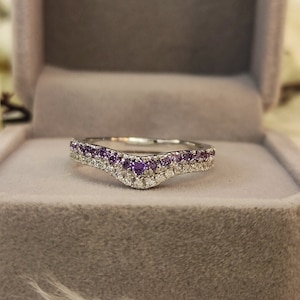 New Round Cut Amethyst and Diamond Curved Engagement & Wedding Band Ring, 14K Gold Double Row Women Ring, Gift For her image 1