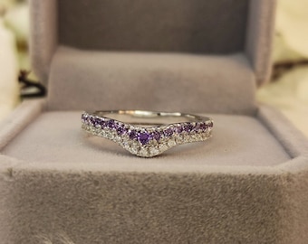 New Round Cut Amethyst and Diamond Curved Engagement & Wedding Band Ring, 14K Gold Double Row Women Ring, Gift For her