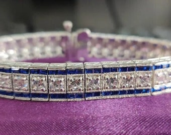 Art Deco Inspired Bracelets| 8.50 Ct Round White & Blue Sapphire Diamond Line Bracelet| Gift For Wife| Bridal Women's Charm Bracelets| Gift