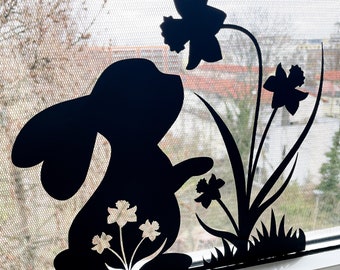 Fensterbild Großer Hase | Frühling Ostern | Fenster dekorieren Osterhase Frühlingsblumen Osterdeko Fensterdeko Frühlingsdeko Frühlingsbild