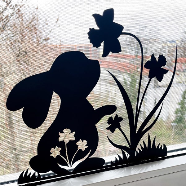 Fensterbild Großer Hase | Frühling Ostern | Fenster dekorieren Osterhase Frühlingsblumen Osterdeko Fensterdeko Frühlingsdeko Frühlingsbild