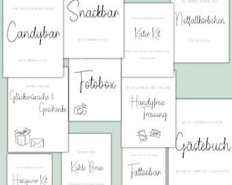 11x Hochzeit Hinweisschilder zum selbst ausdrucken | Bundle, Hochzeit DIY Deko, Aufsteller, Gästebuchschild, Candybarschild, Fotoboxschild