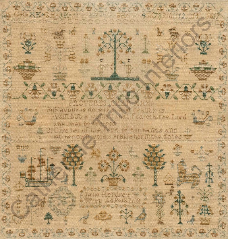 Needlework Sampler, 1826 Print of Antique Textile 19th Century
