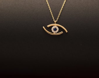 14K Gold Evil Eye Necklace, Handmade Minimalist Gold Evil Eye Pendant, 14K Real Gold Evil Eye Necklace, Dainty initial Evil Eye Pendant