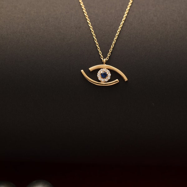 14K Gold Evil Eye Necklace, Handmade Minimalist Gold Evil Eye Pendant, 14K Real Gold Evil Eye Necklace, Dainty initial Evil Eye Pendant