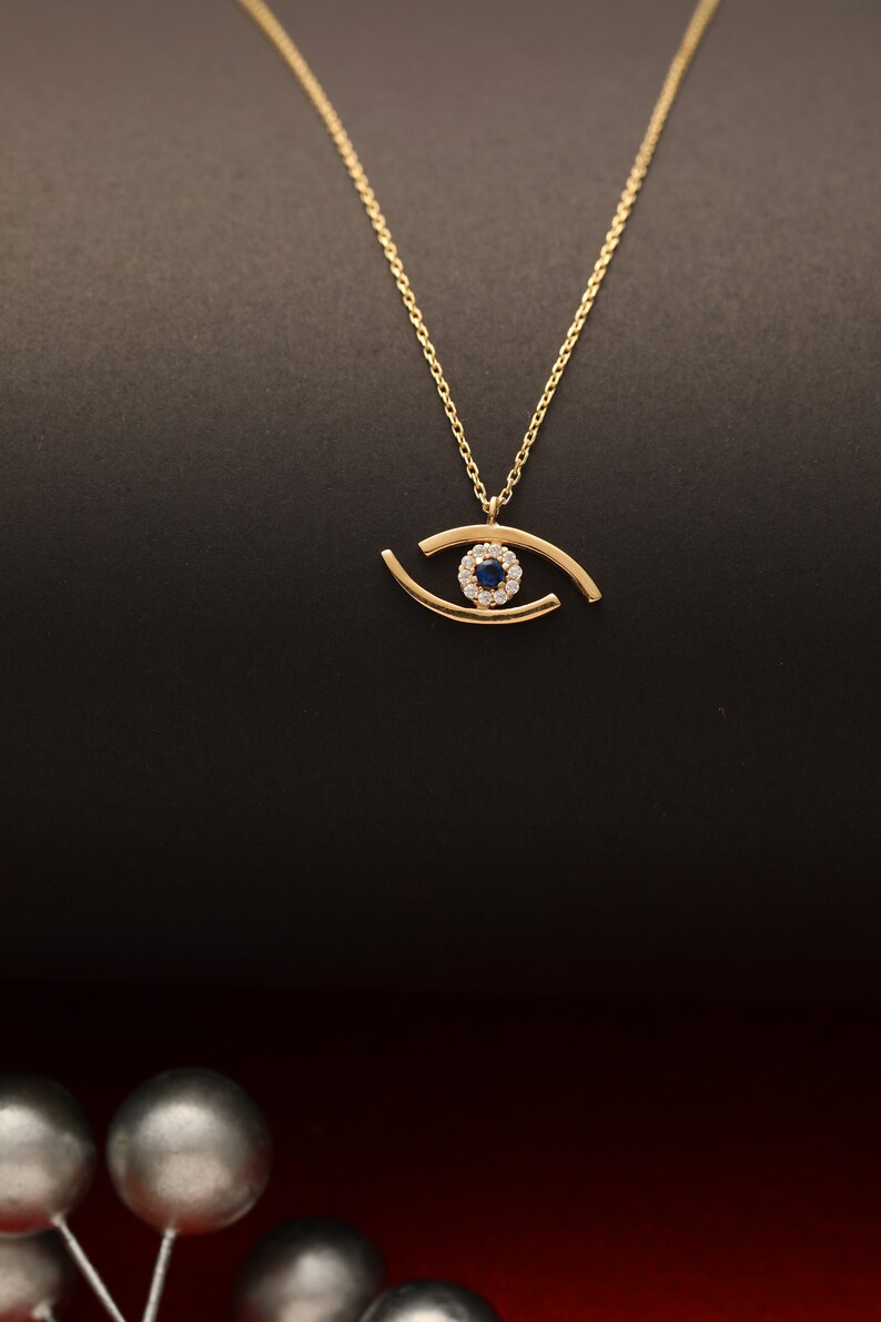 14K Gold Evil Eye Necklace, Handmade Minimalist Gold Evil Eye Pendant, 14K Real Gold Evil Eye Necklace, Dainty initial Evil Eye Pendant image 1