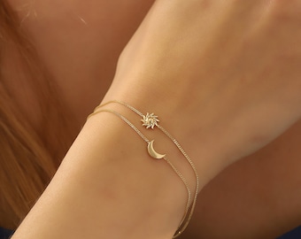 Handmade 14K Gold Couple Celestial Bracelet, Dainty initial Moon Bracelet, 14K Real Gold Sun Bracelet, Minimalist Gold Celestial Bracelet