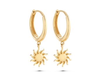 14K Gold Sun Earrings, Handmade Minimalist Gold Sun Earrings, 14K Real Gold Celestial Earrings, Dainty Custom Hoops Sun Earrings