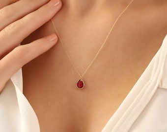 14K Gold Ruby Necklace, Handmade Gold Ruby Necklace, Dainty initial Ruby Pendant, 14K Real Gold Anniversary Necklace, Christmas Gift