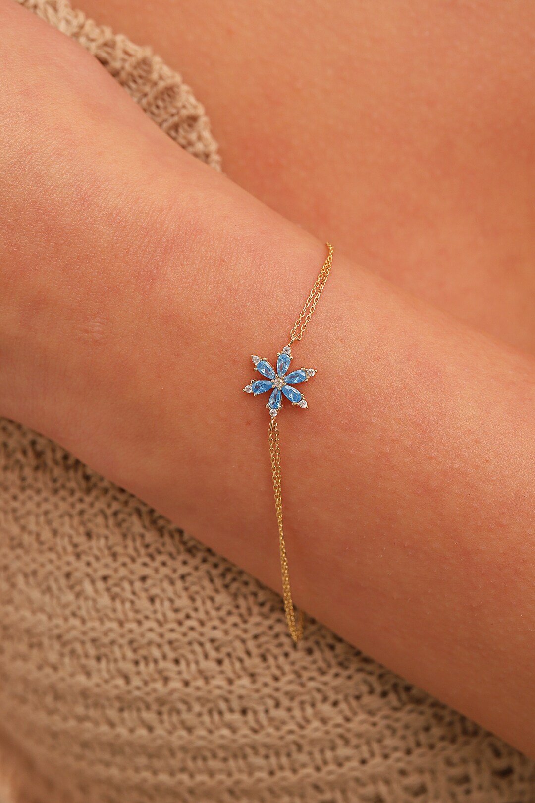 Handmade 14K Gold Aquamarine Bracelet, Minimalist Gold Flower