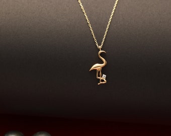 Minimalist 14K Gold Flamingo Necklace, Handmade Gold Flamingo Necklace, 14K Real Gold Animal Necklace, Dainty Custom Flamingo Necklace