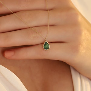 14K Gold Emerald Necklace, Handmade Gold Drop Emerald Necklace, 14K Real Gold Anniversary Necklace, Dainty initial Emerald Necklace