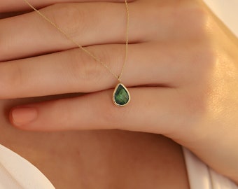 14K Gold Emerald Necklace, Handmade Gold Drop Emerald Necklace, 14K Real Gold Anniversary Necklace, Dainty initial Emerald Necklace