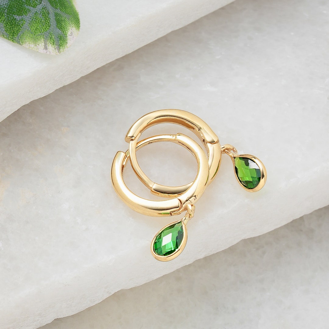14K Gold Emerald Earrings, Handmade Minimalist Gold Emerald Earrings