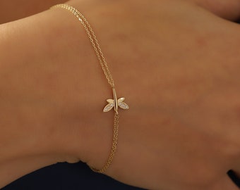 14K Gold Tiny Dragonfly Bracelet, Dainty initial Dragonfly Bracelet, 14K Real Gold Animal Bracelet, Handmade Minimal Gold Dragonfly Bracelet