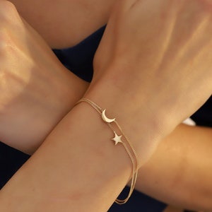 14K Gold Tiny Couple Bracelet, Handmade Gold Moon And Star Bracelet, 14K Real Gold Celestial Bracelet, Dainty Custom Star Bracelet