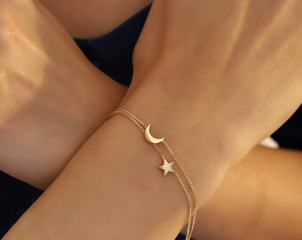 14K Gold Tiny Couple Bracelet, Handmade Gold Moon And Star Bracelet, 14K Real Gold Celestial Bracelet, Dainty Custom Star Bracelet