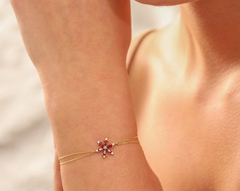 14K Gold Ruby Bracelet, Handmade Gold Flower Ruby Bracelet, 14K Real Gold Anniversary Bracelet, Minimalist Gold Flower Ruby Bracelet