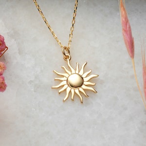14K Gold Sun Necklace, 14K Real Gold Celestial Necklace, Dainty initial Sun Necklace, Handmade Minimalist Gold Sun Necklace, Christmas Gift