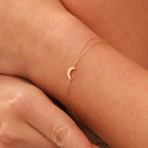 14K Gold Moon Bracelet, Handmade Minimal Gold Moon Bracelet, 14K Real Gold Celestial Bracelet, Dainty initial Moon Bracelet, Christmas Gift