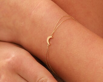 14K Gold Moon Bracelet, Handmade Minimal Gold Moon Bracelet, 14K Real Gold Celestial Bracelet, Dainty initial Moon Bracelet, Christmas Gift