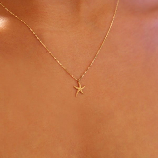 Minimalist 14K Gold Starfish Necklace, Handmade Gold Starfish Pendant, 14K Real Gold Sea Animal Pendant, Dainty Custom Starfish Necklace