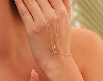 14K Gold Starfish Bracelet, Dainty initial Starfish Bracelet, 14K Real Gold Sea Animal Bracelet, Handmade Minimalist Gold Starfish Bracelet