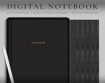 Carnet numérique, carnet GoodNotes en mode sombre, carnet de notes avec onglets, minimaliste, journal numérique, carnet de notes, carnet d'étudiant