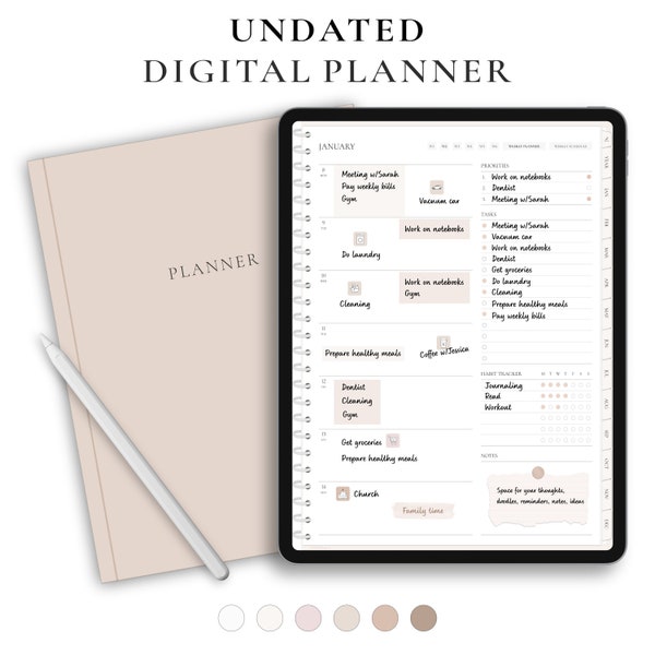 Digitale planner, ongedateerde planner, digitale weekplanner voor Goodnotes, maandelijkse planner, iPad-planner, minimalistische planner, eenvoudig