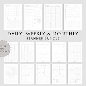 May include: A collection of printable planner pages in a minimalist style. The pages include daily, weekly, and monthly layouts, with a calendar and various organizational templates. The text "DAILY, WEEKLY & MONTHLY PLANNER BUNDLE" is displayed. The pages are A5 size.