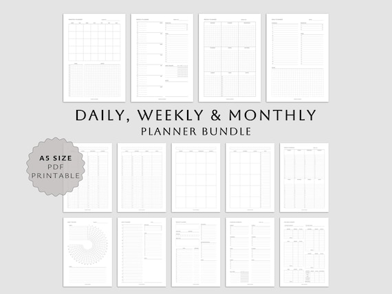 Minimalist A5 Planner Inserts Bundle: Daily, Weekly, Monthly (Printable PDF Download)