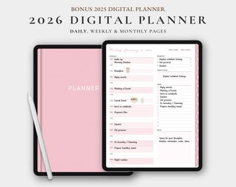 Pink Minimalist Digital Planner 2026 2025: Daily, Weekly, Monthly (Digital Download)