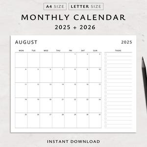 Monthly Calendar Printable 2025 2026,  Minimalist Calendar, 2025 Calendar, 2026 Calendar, Calendar Printable, Instant Download