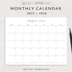 Monthly Calendar 2025 2026 Printable Calendar, Instant Download, Minimalist Calendar, 2025 Calendar, 2026 Calendar, Printable