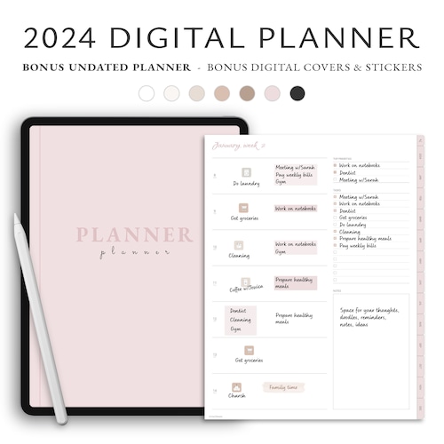 2024 Digital Planner, Weekly Planner, Monthly Planner, Goodnotes Planner, iPad Planner, Minimalist Planner, Undated Planner, Simple