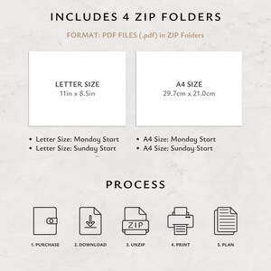 Pode incluir: Uma imagem com o texto "INCLUDES 4 ZIP FOLDERS" e "FORMAT: PDF FILES (.pdf) in ZIP Folders". Mostra dois ret&acirc;ngulos brancos com texto: "LETTER SIZE 11in x 8.5in" e "A4 SIZE 29,7cm x 21,0cm". Abaixo est&atilde;o marcadores e &iacute;cones com a palavra "PROCESS".