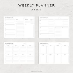 Pode incluir: Quatro folhas de planejador semanal brancas tamanho A4 com texto preto. A folha superior diz "WEEKLY PLANNER" e inclui se&ccedil;&otilde;es para prioridades, tarefas e notas. As folhas inferiores t&ecirc;m layouts di&aacute;rios e semanais.