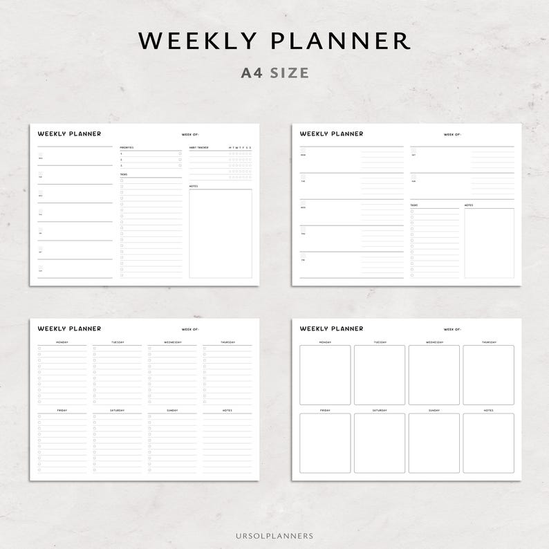 Pode incluir: Quatro folhas de planejador semanal brancas tamanho A4 com texto preto. A folha superior diz "WEEKLY PLANNER" e inclui se&ccedil;&otilde;es para prioridades, tarefas e notas. As folhas inferiores t&ecirc;m layouts di&aacute;rios e semanais.