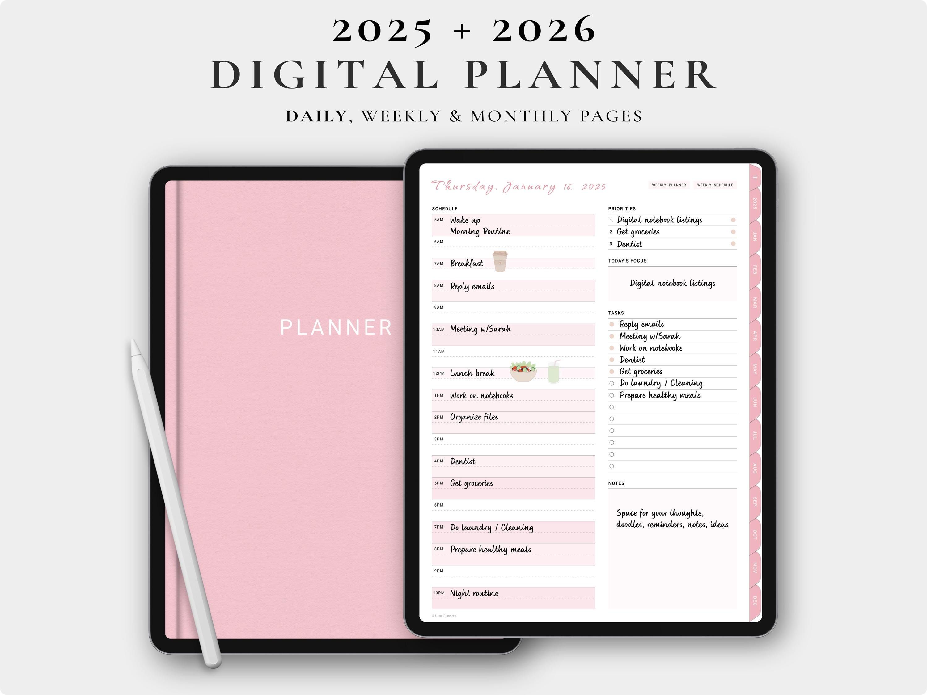 Digital Planner Pink, GoodNotes Planner, 2025 2026 Planner, Daily Planner, Weekly Planner, Monthly Planner, Daily Planner,Minimalist Planner