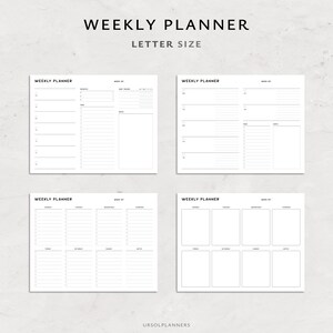 Pode incluir: Quatro p&aacute;ginas brancas de planejador semanal com texto preto. A parte superior da imagem diz "WEEKLY PLANNER" e "LETTER SIZE". Cada p&aacute;gina do planejador tem um layout diferente para agendamento e anota&ccedil;&otilde;es. A parte inferior da imagem diz "URSOLPLANNERS".