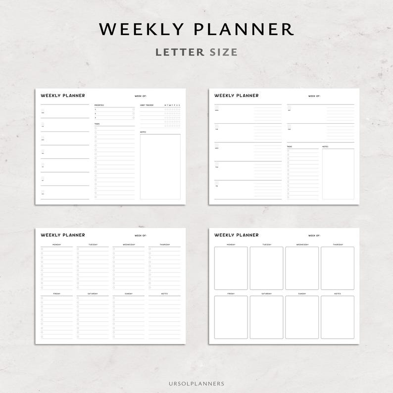 Pode incluir: Quatro p&aacute;ginas brancas de planejador semanal com texto preto. A parte superior da imagem diz "WEEKLY PLANNER" e "LETTER SIZE". Cada p&aacute;gina do planejador tem um layout diferente para agendamento e anota&ccedil;&otilde;es. A parte inferior da imagem diz "URSOLPLANNERS".
