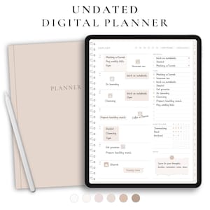 Può includere: Un'app di pianificazione digitale su un tablet con una copertina beige. L'app ha una vista del calendario con un elenco di attività per il mese di gennaio. Le attività includono "Incontro con Sarah", "Pagare le bollette settimanali", "Palestra", "Aspirapolvere", "Lavorare sui quaderni", "Dentista", "Fare la spesa", "Lavare i panni", "Pulizia", "Preparare pasti sani" e "Caffè con Jessica".