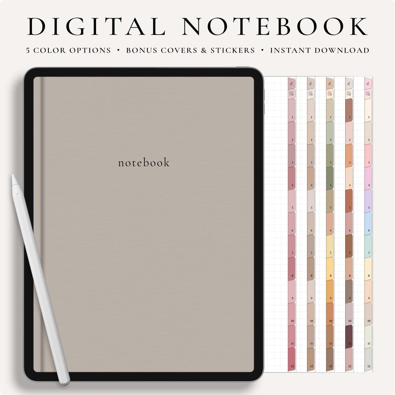 Digitaal notitieboek, GoodNotes notitieboek, notitieboekje met tabbladen, portret, minimalistisch, digitaal dagboek, notitieboekje, studentennotitieboekje afbeelding 1