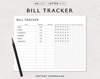 Rastreador de contas minimalista para impressão: tamanho A4/Carta (download instantâneo)