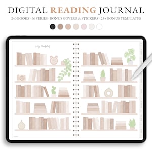 Diario di lettura digitale, pianificatore di lettura digitale, tracker di lettura per GoodNotes, diario di lettura, registro di lettura, scaffale per libri, recensioni di libri