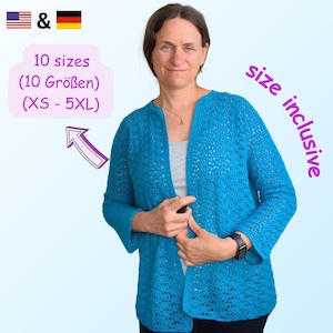 Könnte beinhalten: Ein türkisblauer Cardigan mit offenem Schnitt und strukturiertem, offen gewebtem Design. Das Bild enthält Text, der 10 Größen von XS bis 5XL anzeigt. Die Worte "size inclusive" sind ebenfalls vorhanden. Der Cardigan wird von einer Person getragen.