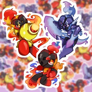 Op de afbeelding: Een stickervel met drie gestileerde stripfiguren. Eén personage is rood en geel met vlammen, een ander is paars en blauw met een schild, en de derde is rood en zwart met vlammen. De stickers hebben witte randen.